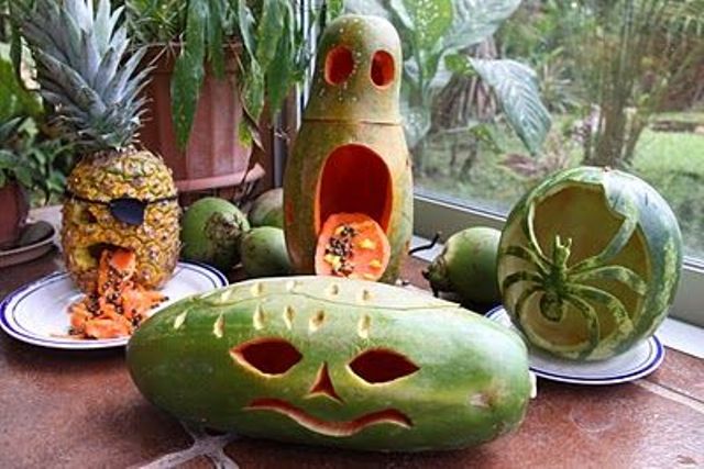 tropical fruit jack-o-lanterns for centerpieces or decor