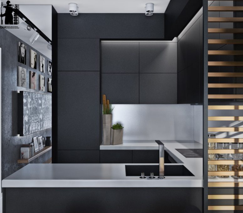 Laconic Grey And Black Kitchen United With A Living Space ...