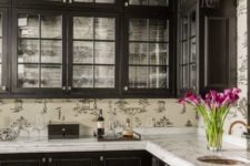 03 traditional black and white kitchen with glass cabinets and chinoiserie wallpaper