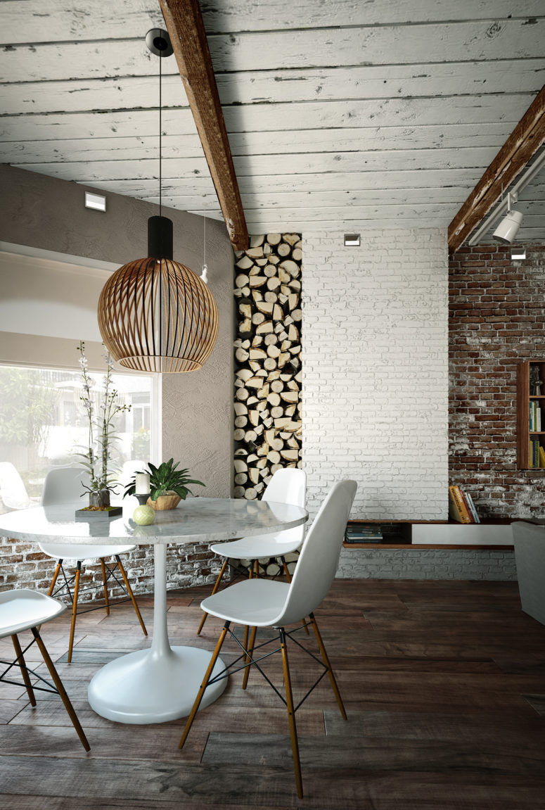 Firewood stacked in the wall makes the dining area cozier