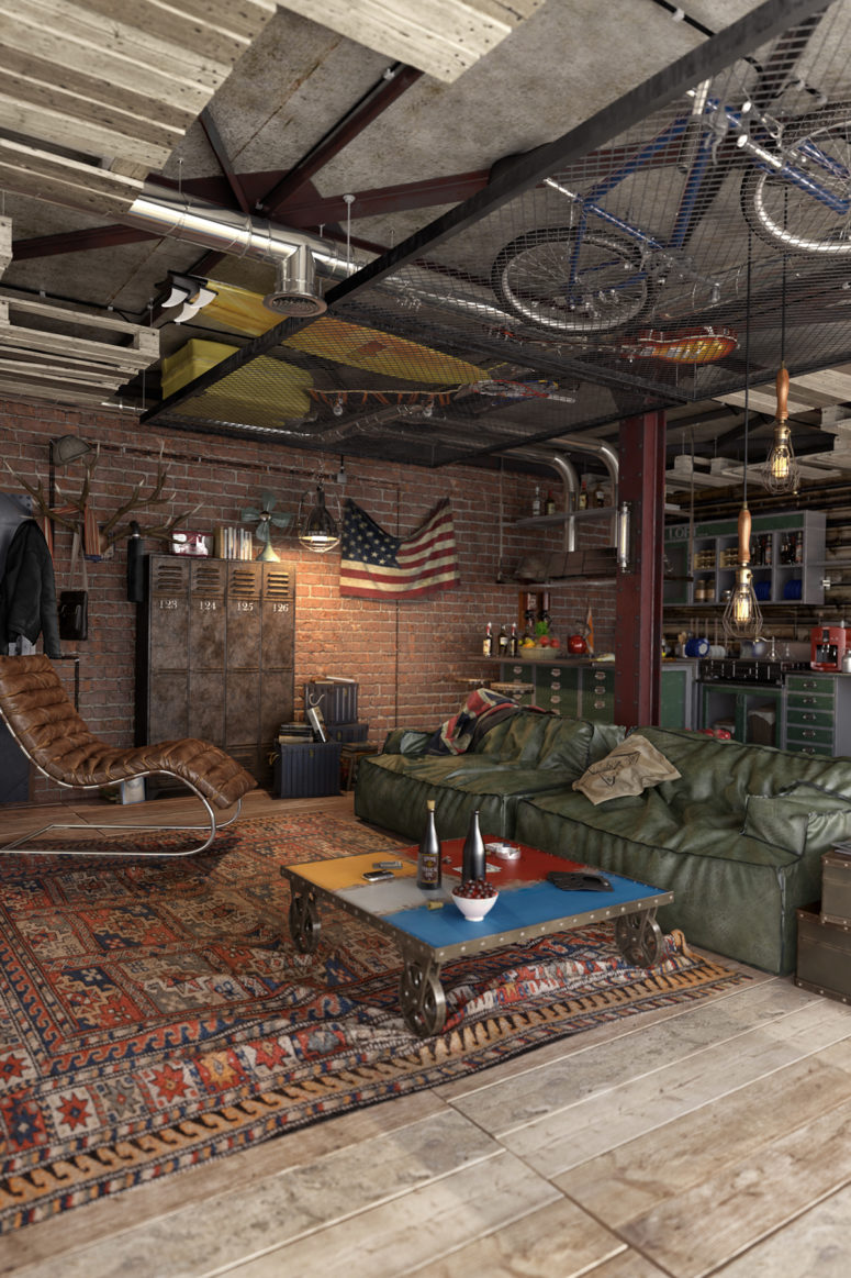 Leather, aged metal and weathered wood are widely used throughout the apartment