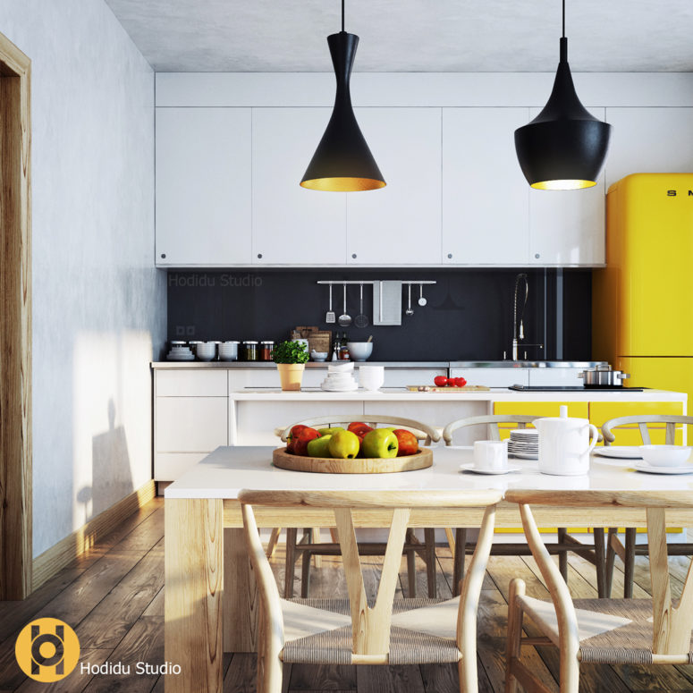 Warm-colored light wood planks cover the floor, and the same wood was used for the table and chairs