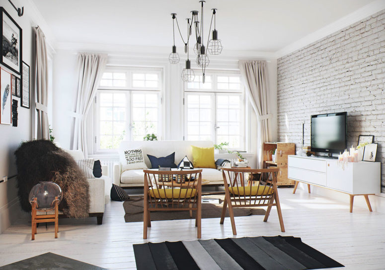 Warm light woods make the living room more inviting and textiles give it a texture
