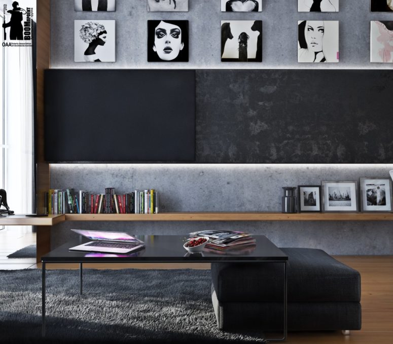 modern concrete gallery The concrete walls and a black and white gallery wall keep the decor theme