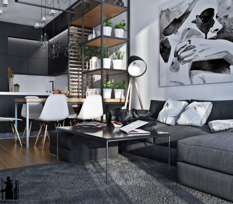 indusrial interior Laconic furniture and industrial lamps add to the design