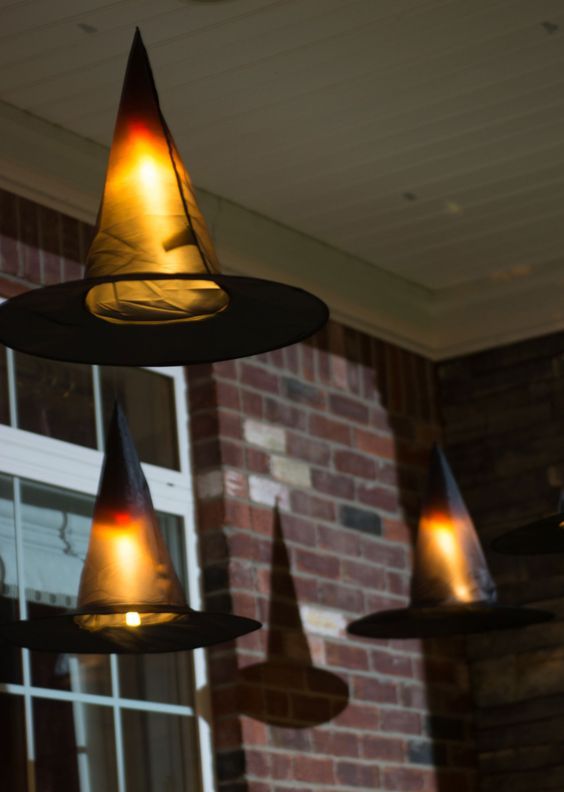witches' hats turned into hanging outdoor lights