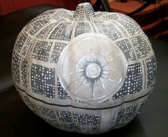 faux pumpkin decorated as a Death Star