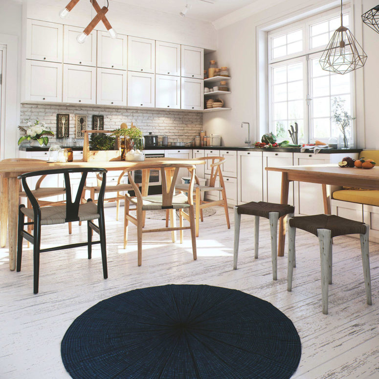 The kitchen cabinets are closed to de-clutter the space and make it look more solid