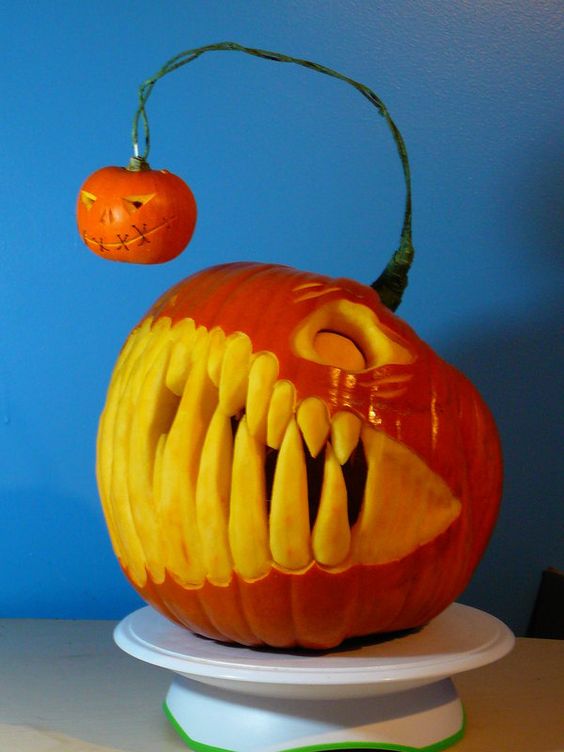 terrifying pumpkin with large teeth reminding of scary ocean life