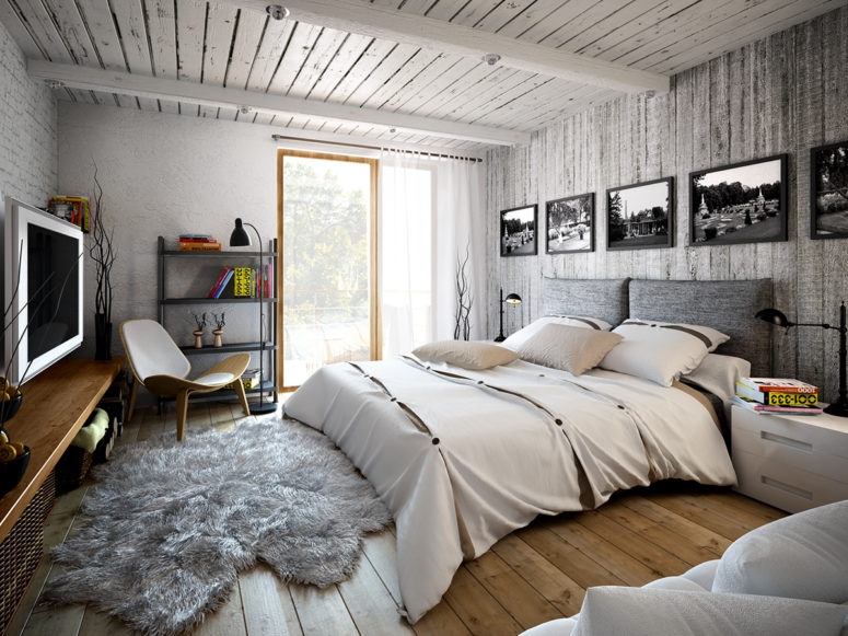 The master bedroom is decorated with grey barnwood, brick and concrete, light woods make it cozy