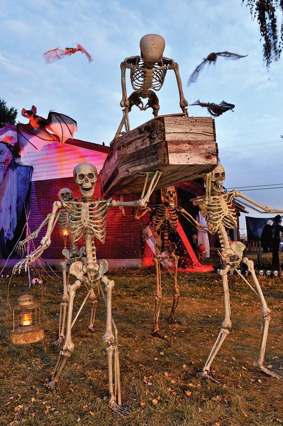 spooky skeleton scene with a wooden coffin
