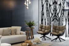 12 black macrame space divider creates an eye-catching accent for this living space