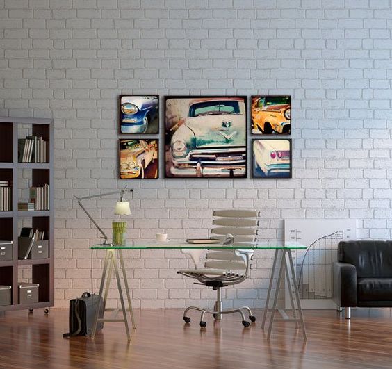 faux white brick wall for an airy masculine office