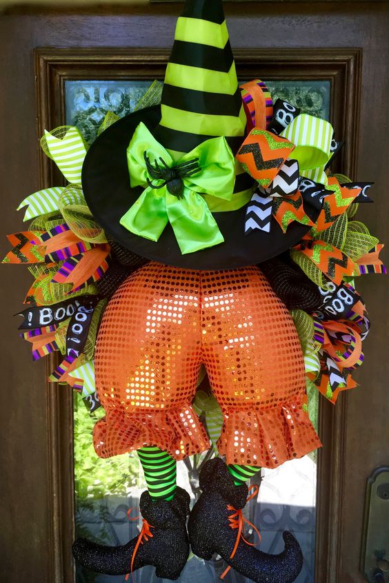 witch bottom wreath in orange and green for Halloween