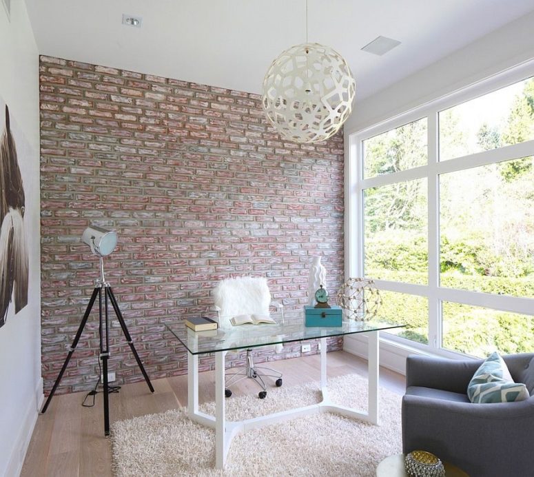 urban girlish home office with textural touches like fur and brick