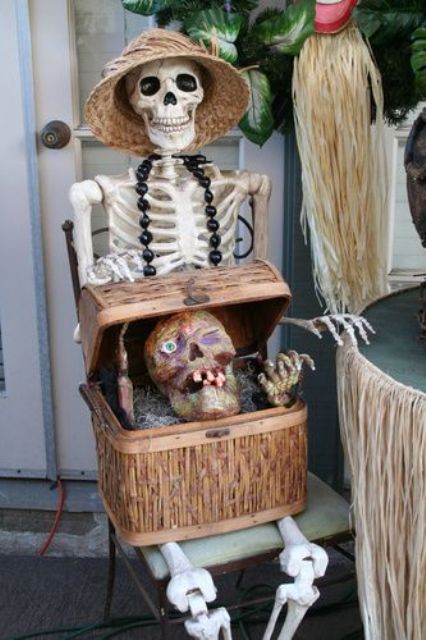 skeleton with a chest and a dead head inside