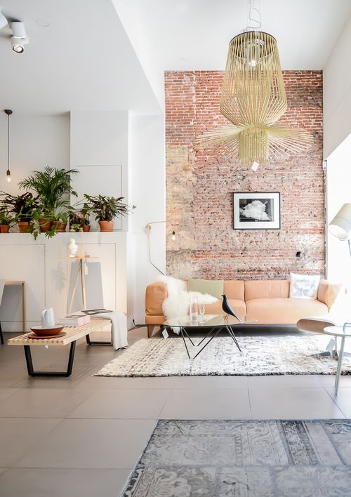 the sitting zone is accentuated with a brick wall behind the sofa