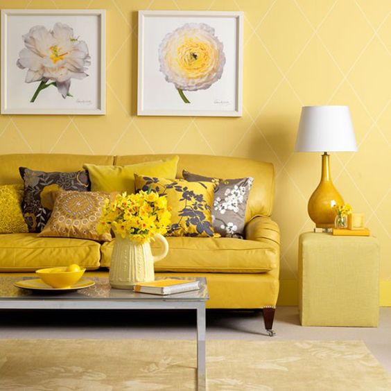 daring sunny yellow living room with a couple of calming grey touches