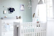 23 mint brick wall blends with neutral and subtle nursery decor