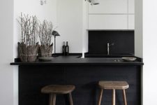 25 small minimal black and white kitchen with a kitchen island and dining space in one