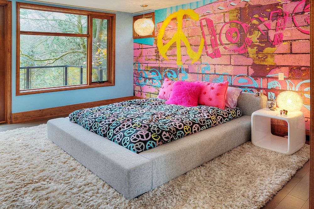 brick wall mural with a graffiti is great for a teen girl's room
