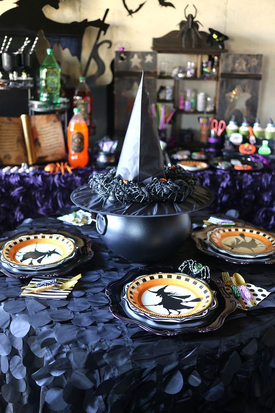 witches-inspired table decor with printed plates