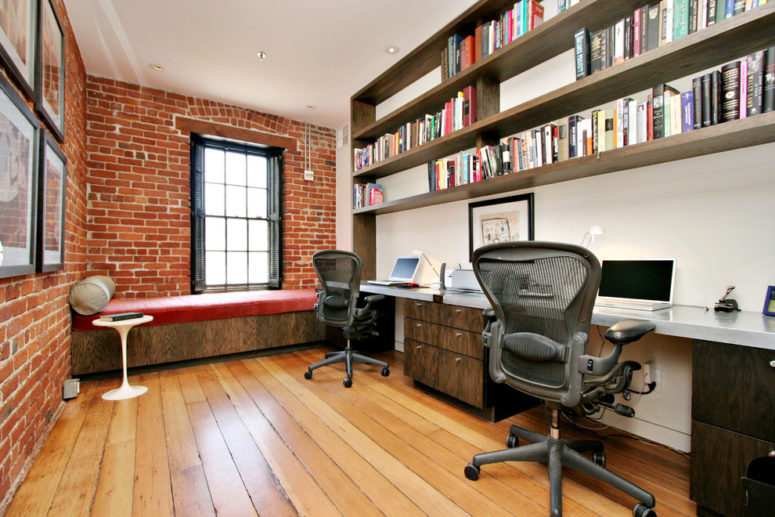 mixing white painted walls with brick ones works well in contemporary home offices (Todd Davis Architecture)