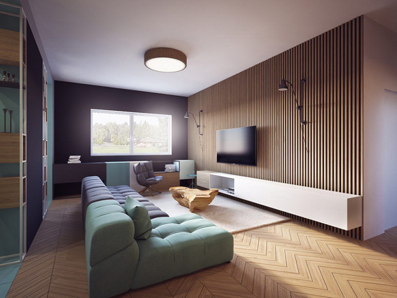 Modern Apartment With Two Zones And Amazing Wood Paneling 