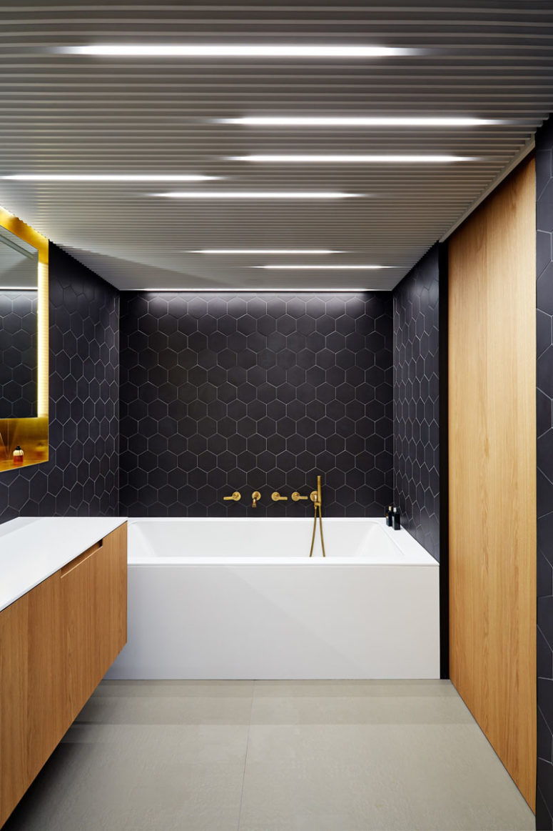 Elegant Black And Br Bathroom Design With Wooden Touches Digsdigs Hexagon Black Tiles Make It Special Eye Catching And Stylish Wood Cabinets
