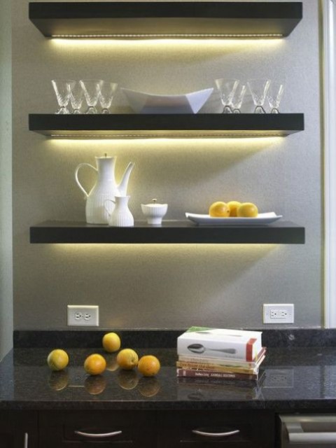 black Lack shelves with hidden lights for a home bar