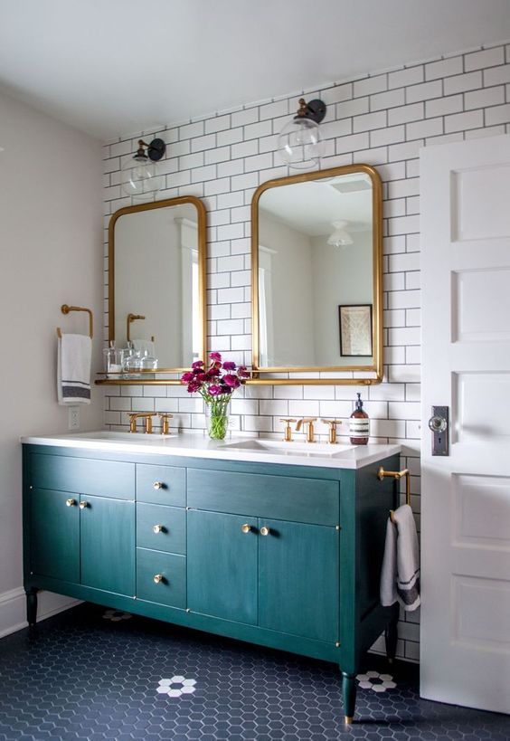 art deco bathroom with subway tiles
