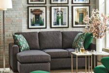 06 charcoal grey sofa, grey stone floors and emerald and gold details for a chic and sophisticated look