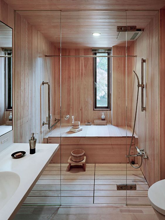 Japanese steam room and shower totally clad with wood make you feel relaxed