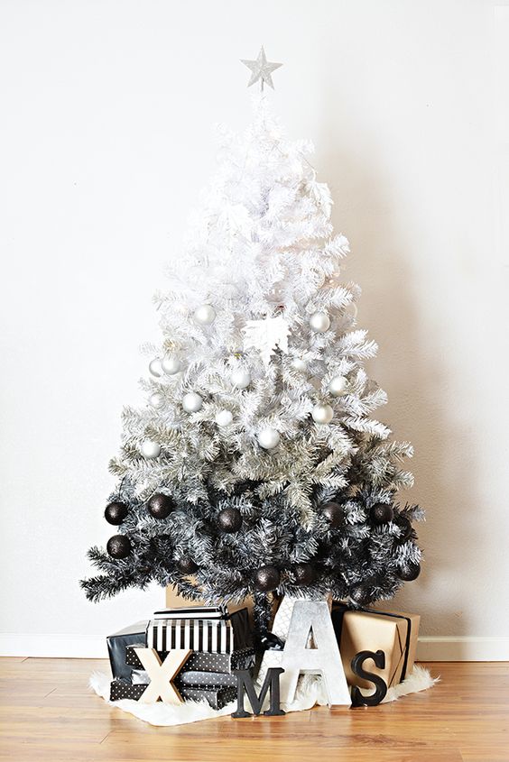 modern ombre tree from white to grey and black with ornaments of corresponding colors