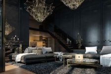 13 dark Gothic living room with unique gold chandeliers for acentuating