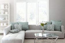 13 minimalist interior in dove grey with patterned green textiles