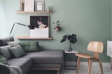 16 dove grey room, a light green wall and green and grey upholstery