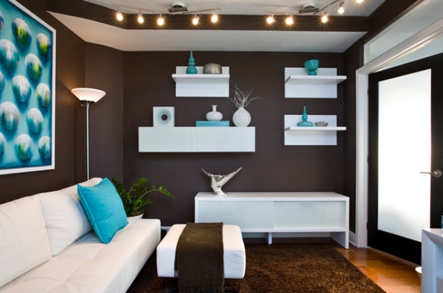 chocolate brown walls and a carpet, aqua blue accessories