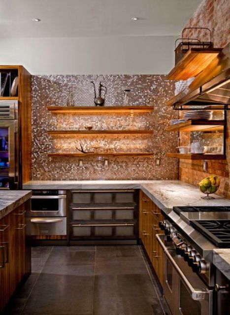 28 Creative Penny Tiles Ideas For Kitchens Digsdigs A Metallic Penny Tile Backsplash Reflects The Led Lights Mounted Under Shelves