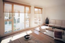 18 modern Japanese living and dining space with large windows and mabmboo shades