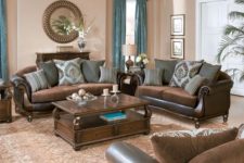 18 traditional brown living room in rich tones, refined wood and blue draperies to make the room look fresh