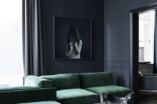 20 moody modern living room in charcoal grey with green upholstered furniture