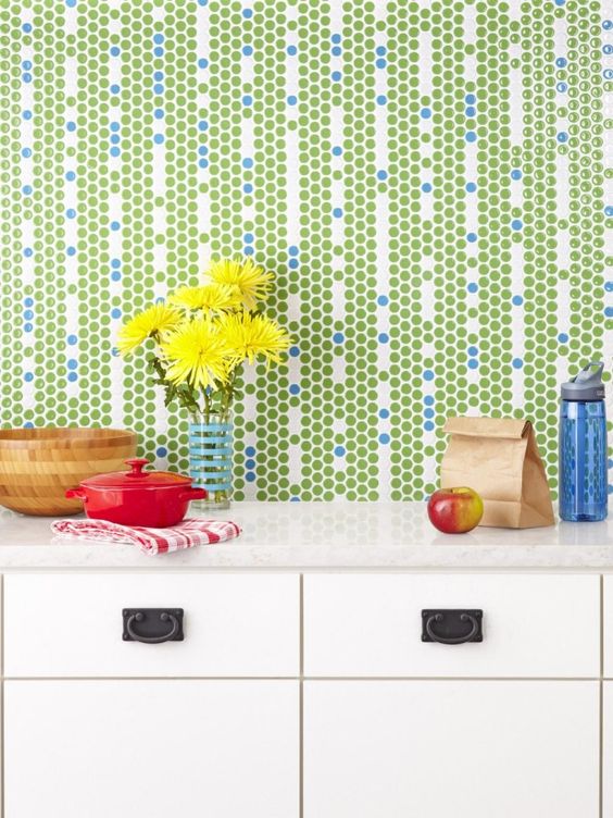 green and blue penny tiles backsplash can become a focal point