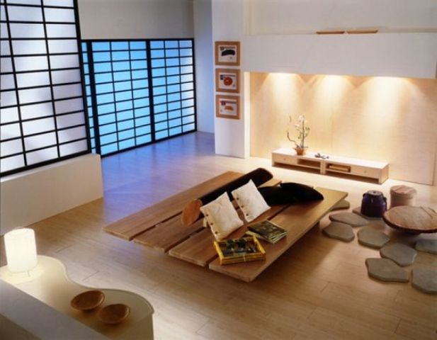 Japanese-styled screens instead of doors give this space a stylized look
