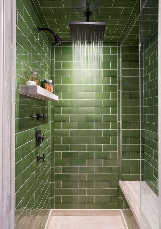 green subway tile for a modern shower