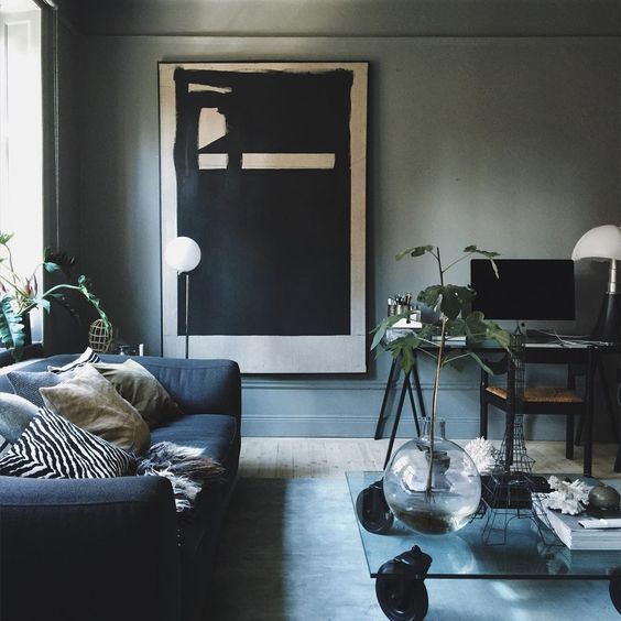 Dark Grey and Prussian Blue Living Room { Moody Living Room }