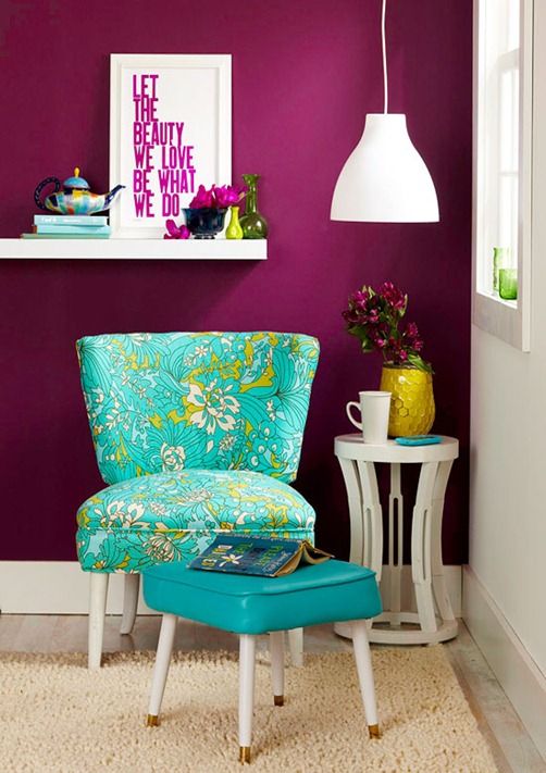 purple accent wall for a girlish reading nook
