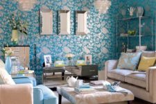 25 damask print wallpaper, beige upholstery and bright blue accessories