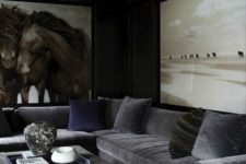 27 masculine living room with a navy ceiling and a grey velvet sofa