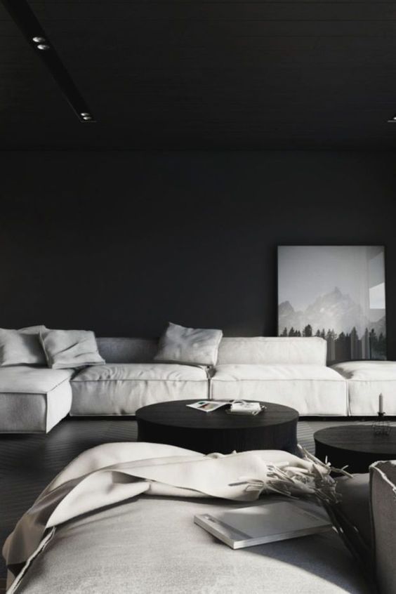 moody minimalist living room in black and white